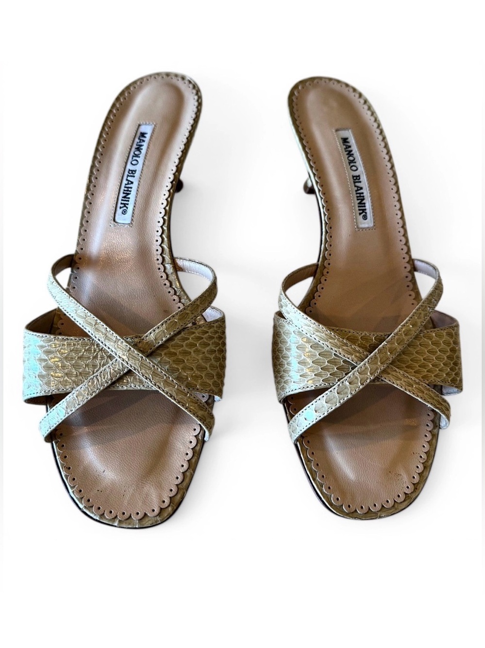 Manolo Blahnik Beige Tan Snake Strappy Kitten Heel Open Toe Sandals EU 39.5